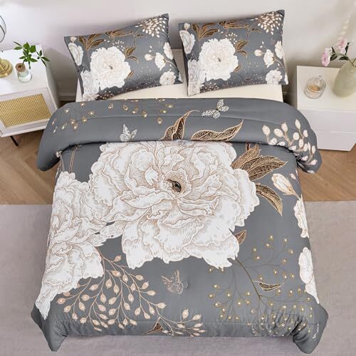 3 Pcs Floral California King Size Bedding Set White Cal-King(3Pcs) Dark Grey - Bild 3 von 6