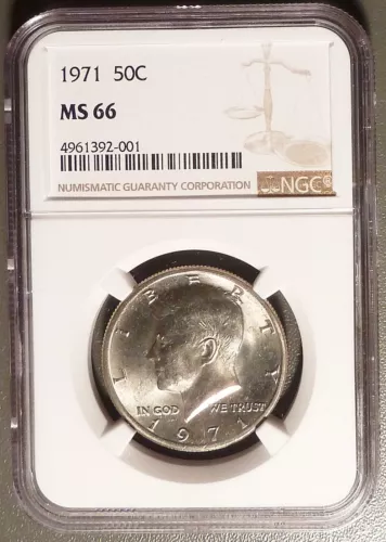 1971 Kennedy Half Dollar NGC graded MS66, Very Lightly Toned Gem.