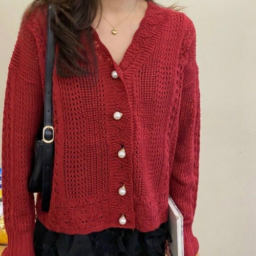 Women Sweater Knitted Coat Jacket Cardigan V Neck Loose Tops Knitwear Casual Red - Picture 10 of 13
