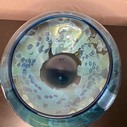 Signed Studio Art Glass Hand Blown Glass BOWL Large 14” Wide Blue & Gold MCM - Picture 13 of 18