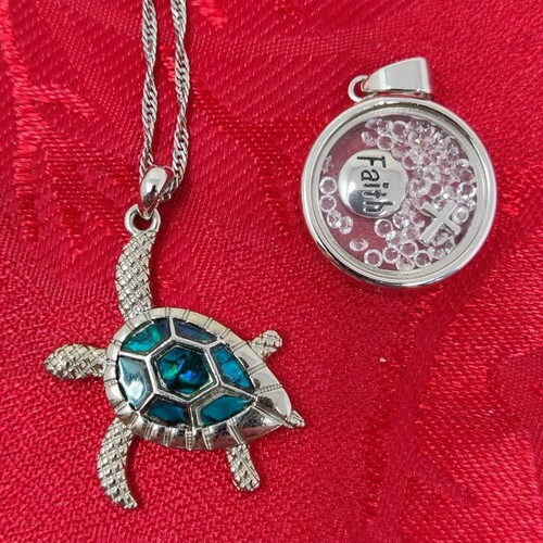 2X Meeresschildkröte Anhänger Halskette Silberfarben Blau & Glaube 18" Kette