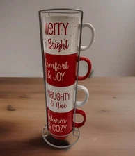 Holiday Stack Mugs: Warm & Cozy; Naughty & Nice; Comfort & Joy; Merry & Bright
