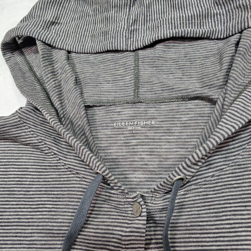 Eileen Fisher Hoodie Cardigan Womens L Snap Front Jumper Drawstring Linen Stripe - Picture 3 of 11