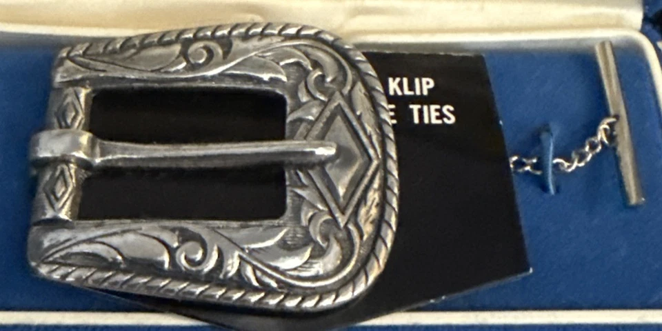 VINTAGE SWANK Silver BELT BUCKLE TIE CLIP IN BOX Southwestern - Image 4 of 4