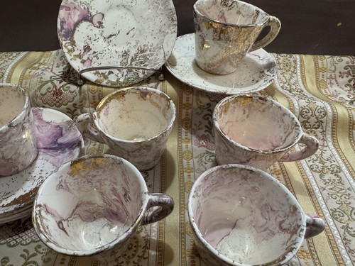 Sascha Brastoff Surf Ballet Pink and Gold Demitasse Cup Saucer Set of 6 - Picture 11 of 24