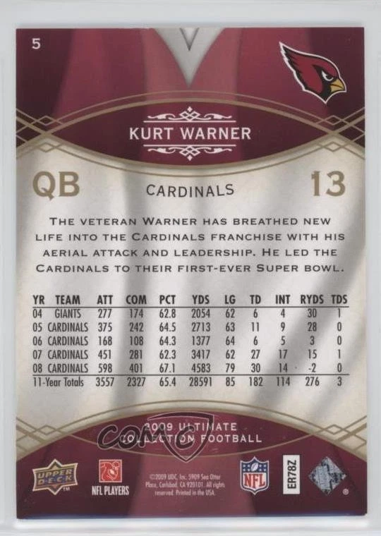 2009 Upper Deck Ultimate Collection /375 Kurt Warner #5 HOF - Image 2 of 2
