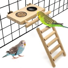 Bird Food Stainless Steel Cups Wooden Perch Stand Hanging Feeder Bowls Feedin...