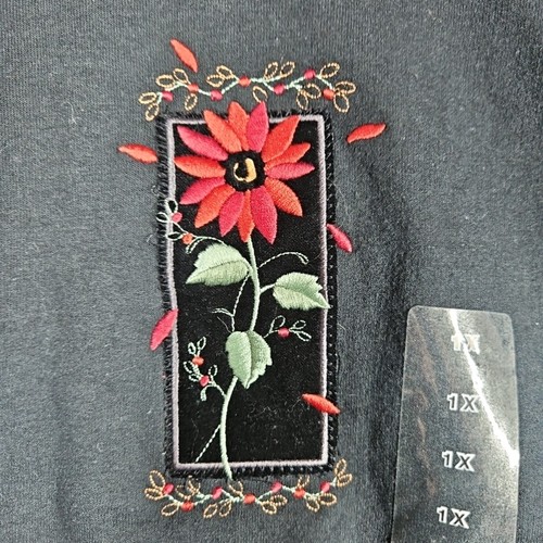 Vtg Top Stitch Embr Velvet Poinsettia Black Red Sweatshirt Layered Neck Sz 1X - Picture 2 of 14