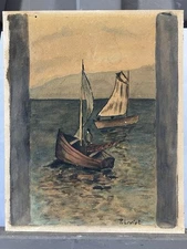 Aquarelle signée en bas à droite Art Naïf Vue de barques dans le Pays-Basque