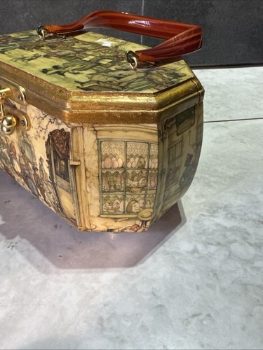Cartera de mano vintage Anton Pieck 3D decoupage madera octágono caja pequeña ciudad Ms6 - Imagen 4 de 17