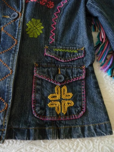 VERANO ROMERO Art-to-Wear ÚNICA Chaqueta Denim Mazahua Bordada a Mano y Flecos S - Imagen 14 de 24