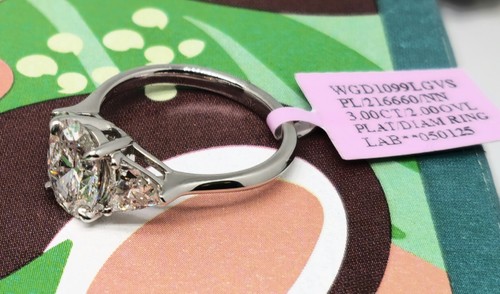 Certified Solid 950 Platinum 3 Ct Lab Grown Genuine Diamond Oval Solitaire Ring - Picture 2 of 8