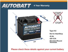 Battery fits CHEVROLET SPARK 1.0 1.2 2010 on 012 420A 45Ah 4Yr Warranty Autobatt
