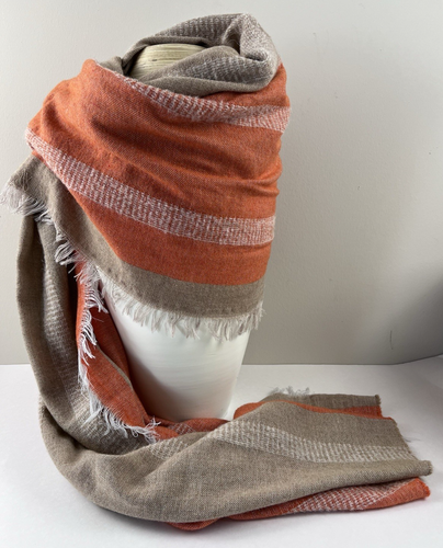 SASSO + SMYTH Wolle + Alpaka Mischung Schal Herbst hellbraun und Tangarine Neu mit Etikett - Bild 1 von 7