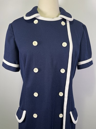 Vintage 70er dunkelblau Mod Matrosenkleid Peter Pan Kragen zweireihig maritim - Bild 4 von 9