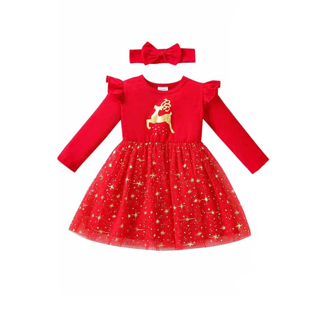 Baby Girls Christmas Outfit Long Sleeve A-Line Tutu Dress Princess with Headband