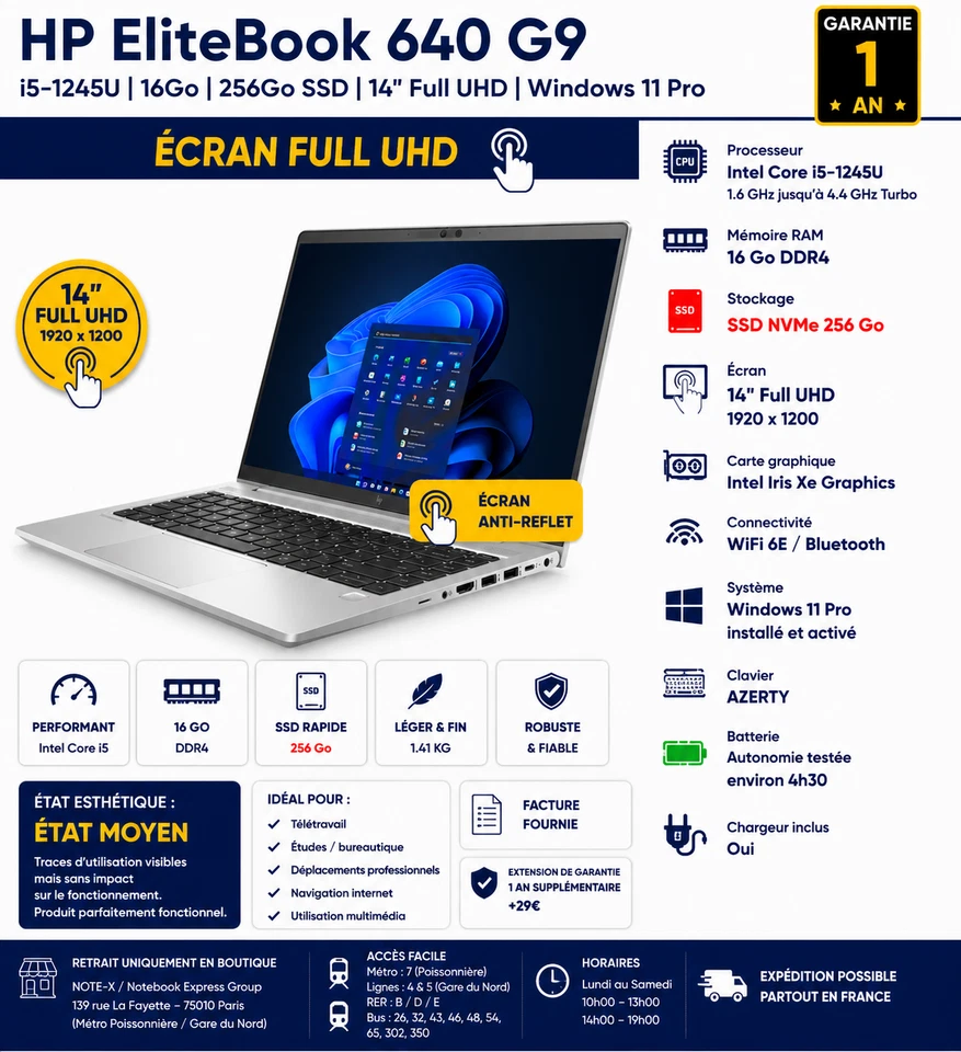 HP EliteBook 640 G9 · i5-1245U · 16GB · 256GB, photo 1 sur 4
