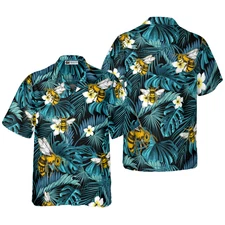 Men's Hawaiian Shirt with Fun Tropical Green Leaves and Bees