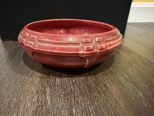 Vintage Glazed Art Pottery Bulb Bowl Vase. 6” Diameter Opening. Maroon Color