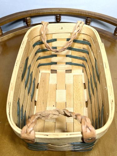 Vintage Peterboro Basket Co geflochtener Holzkorb grüner Akzent Ledergriffe - Bild 9 von 12