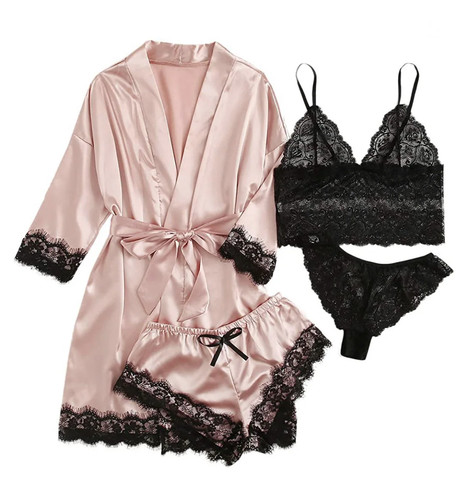 Women Fashion Pajama Print Sexy Lace Trim Faux Silk Satin Pajama Set Gown. - Picture 15 of 31
