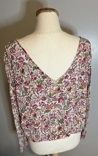 Loft Size L Long Sleeves Floral Print V Cut Back Elastic Hem Shirt Cottagecore   - Picture 2 of 7
