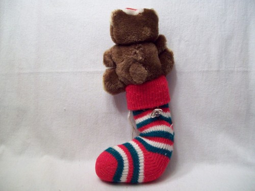 Vintage Musikalischer Weihnachtsteddybär im Strickstrumpf - Bild 3 von 4