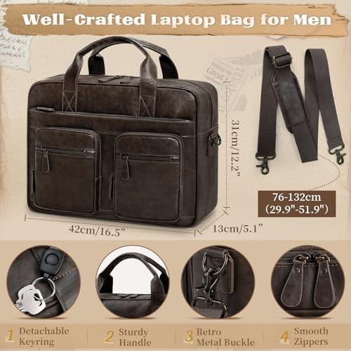 Vintage Messenger Bag for Men PU Vegan Leather Computer Laptop Bag 15.6 Coffee - Afbeelding 6 van 7