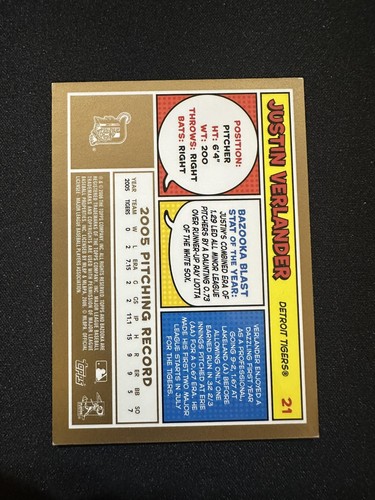 2006 Bazooka #21 Justin Verlander Gold RC Rookie Card Tigers - Picture 2 of 2