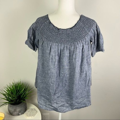 C&c California Womens Blouse Blue Heathered Short Sleeve Boat Neck Smocked S - Picture 2 of 9