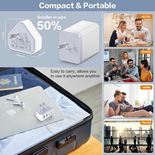 USB C Charger + 2 Pack USB-C Cable, 40W 4-Port Wall Charger AU Plug, PD 3.0 Fast - Picture 6 of 7