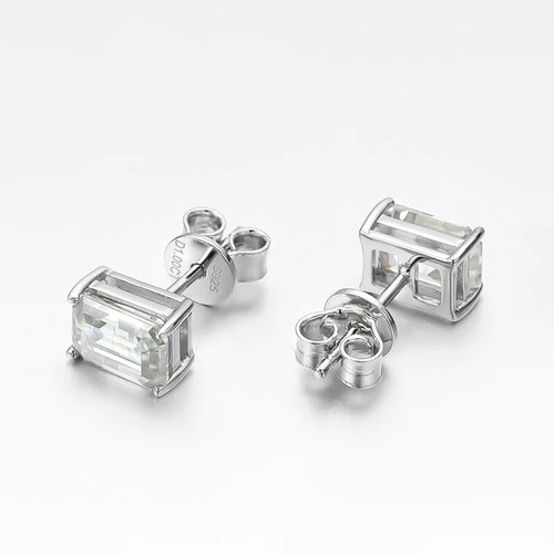 1CT Emerald Cut Moissanite Stud Earrings 925 Sterling Silver 14K Gold Plated GRA - Picture 6 of 16