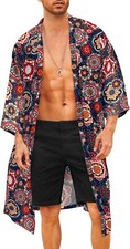 Men's Lightweight Japanese Kimono Robe Printed Open Front Casual Bathrobe