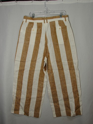 New J Crew Waist Tie Linen Wide Leg Cropped Pants Capris Brown White Stripe 14 - Picture 4 of 9