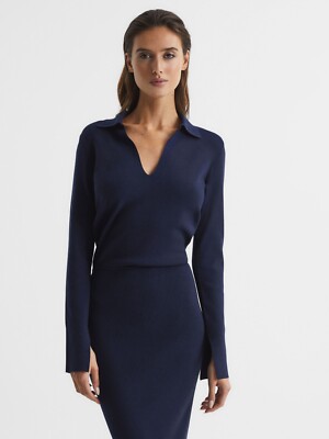 REISS Elaina Rib-Knitted Midi Dress in Navy Size XS (UK Size 4-6) | eBay UK