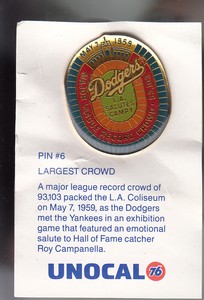 VINTAGE-L-A-DODGERS-UNOCAL-PIN-UNUSED-MLB-MAJOR-LEAGUE-RECORD-CROWD-93-103