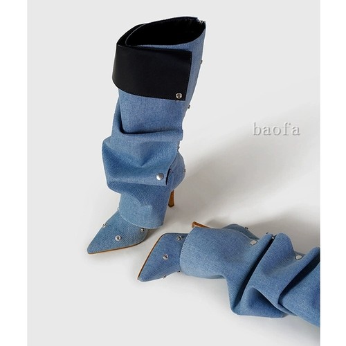 Runway Slouch Pointed Toe Knee High Boots Stiletto Heel Pull On Designer Western - Bild 21 von 28