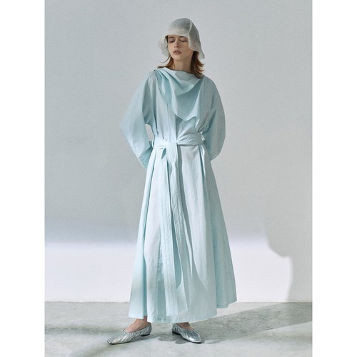 2024 Primavera Mujer Camisa Suelta Vestido Algodón Cuello Aleta Atar Vestido Plisado