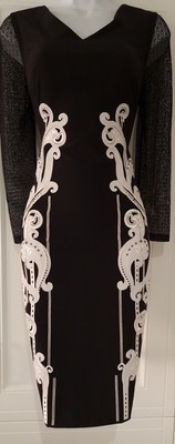 Karen Millen Damen-Bleistiftkleid schwarz weiß bestickt Applikation Netz Anlass 10