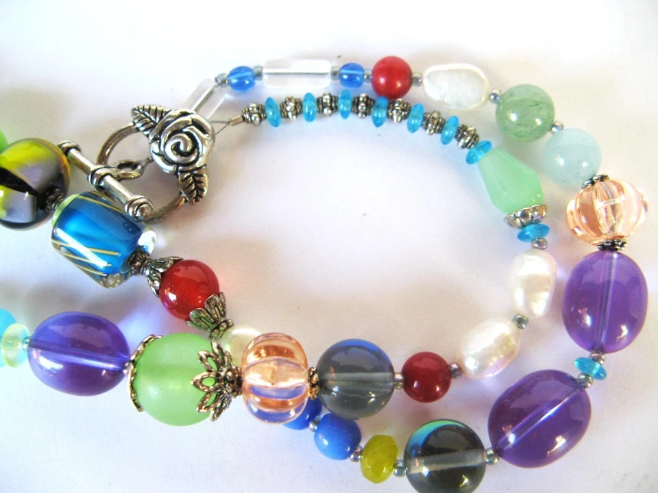 🐸Handcrafted Beaded Chunky Statement Necklace Blown Glass, Turquoise Jade VTG - Image 2 of 4