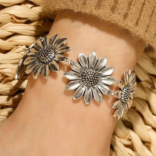 Böhmische Legierung versilbert Sonnenblume Armband Hand Schmuck Dekor Frauen Geschenk