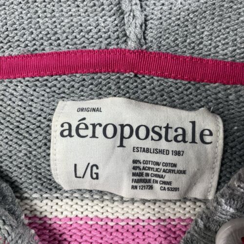 Cárdigan Suéter Tejido Aeropostale Para Mujer L Gris Arco Iris Rayas Con Capucha - Imagen 3 de 4