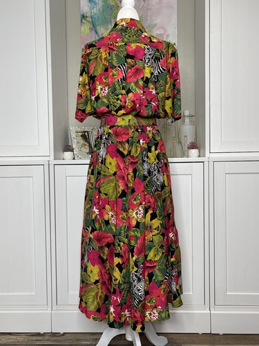 1980er Jahre Carol Anderson Shirt Kleid selten Dschungel Druck A-Linie Rayon Größe 8 Freizeit - Bild 3 von 15