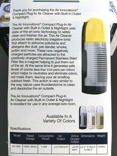 Air Innovations Compact Plug in Ionizer Silent Air Cleaner & Nightlight Lot of 2 - Picture 4 of 11