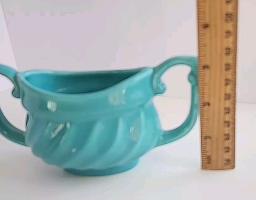 Azucarero vintage de cerámica turquesa con patrón de remolino de doble mango de EE. UU. - Imagen 5 de 6