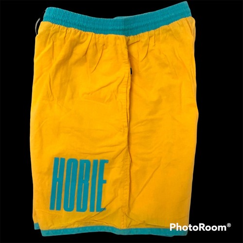 Vtg 80 90's HOBIE USA Neon Yellow Aqua Blue PUFFY LoGo SURF Surfer Beach Shorts - Picture 3 of 8