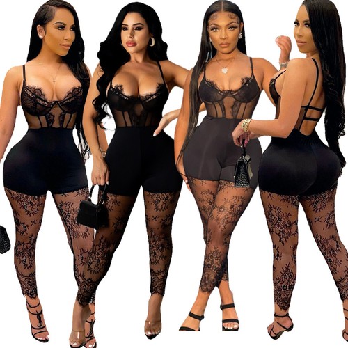 Nuevo Mujeres Sexy Mono de Club Sólido con Correa de Espagueti Malla Retazos Ajustado - Imagen 11 de 11