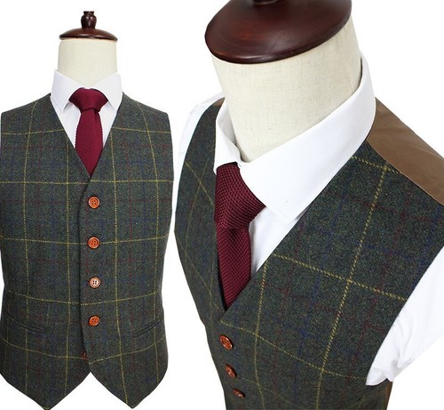 Wool Blend Men Tweed Plaid Leisure Vest Tuxedo Wedding Waistcoat Casual Vest - Picture 3 of 12