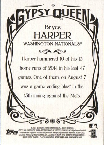 2015 Topps Gypsy Queen #45A Bryce Harper Washington Nationals - Picture 2 of 2