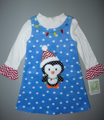 BONNIE JEAN Little Girl's 4, 5 Christmas Penguin Dot Fleece Jumper Dress Set NWT - Picture 3 of 3